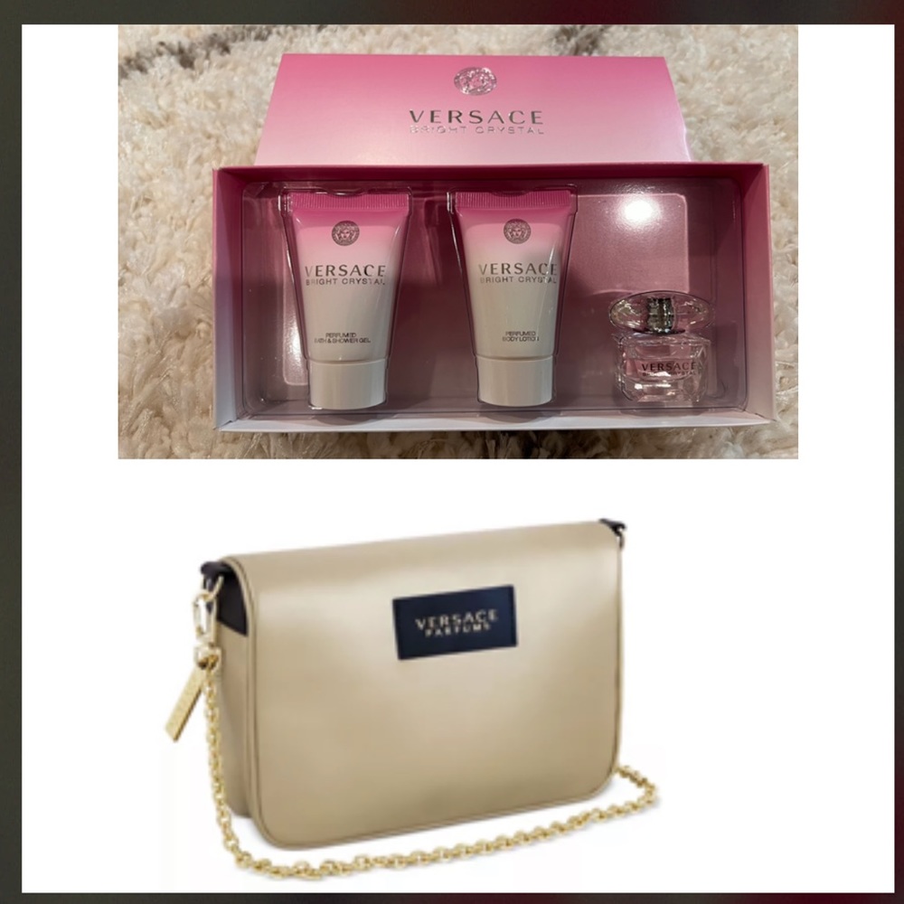 New Versace Women's pouch bag w/ gold chain + 3 pc Versace mini set